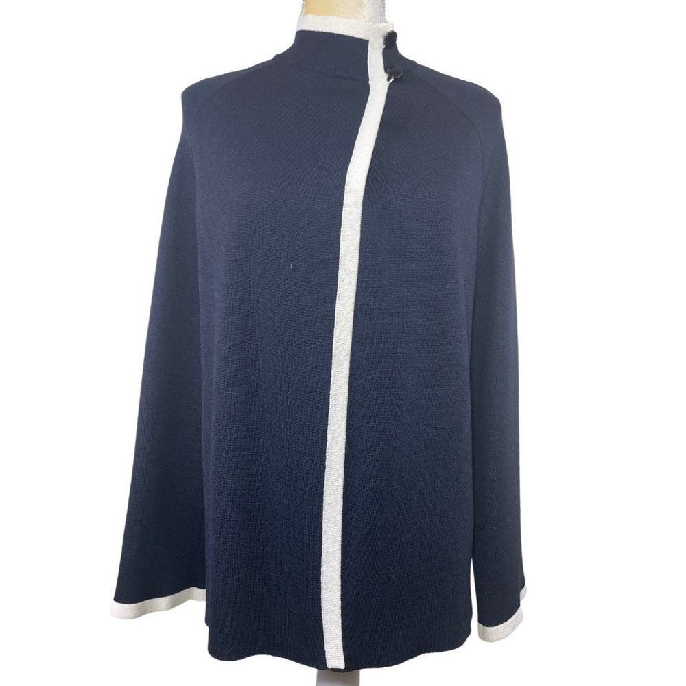 St John Black Knit Funnel Neck Long Sleeve Sweater with Ivory Trim Size 4